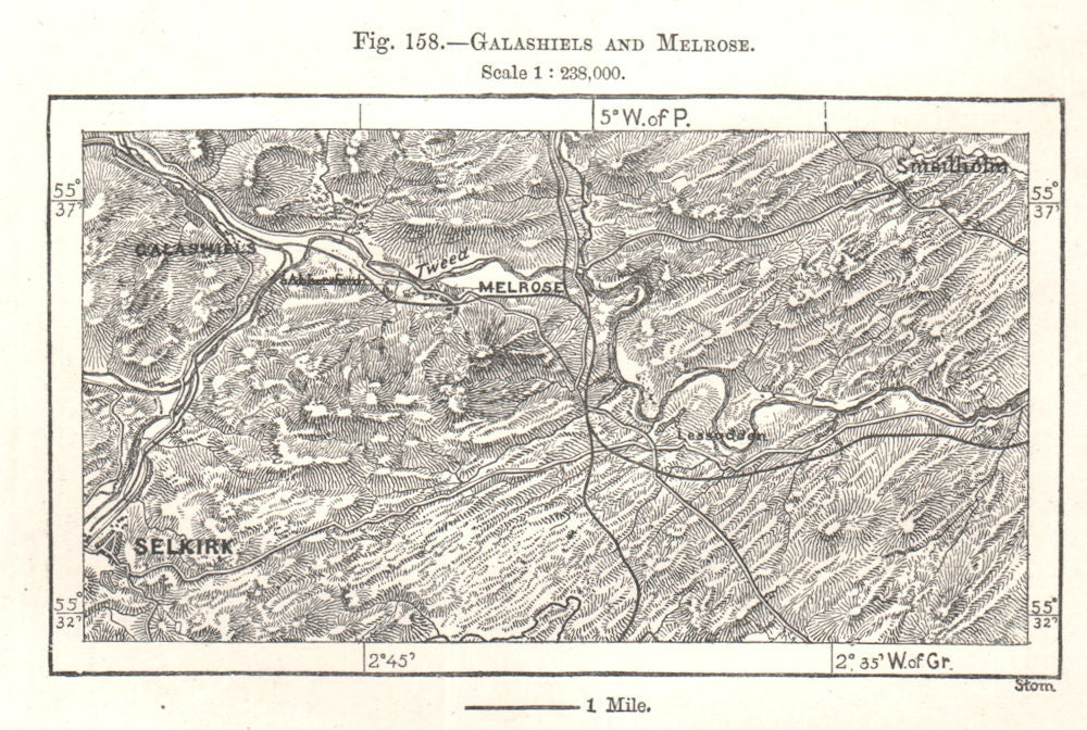 Galashiels and Melrose. Selkirk. Scotland. Sketch map 1885 old antique
